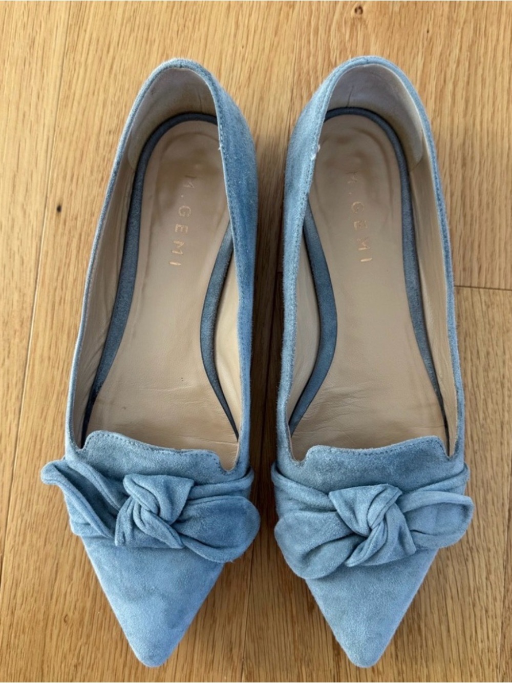 M. Gemi Light Blue Suede Pointed-Toe Knot Flats